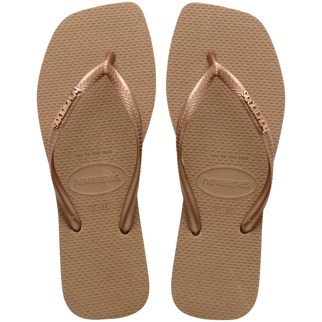 Slim Square Logo Metallic Flip Flops (Rose Gold)