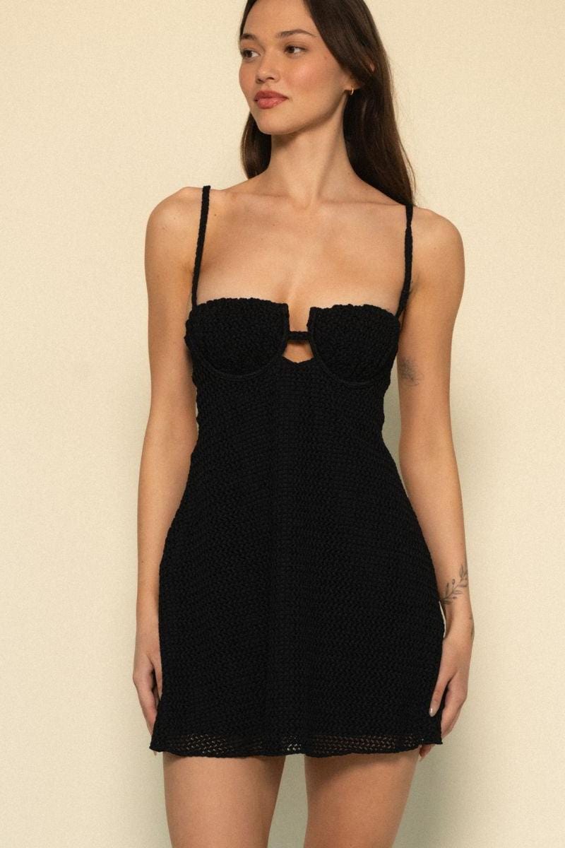 Black Crochet Petal Short Slip Dress