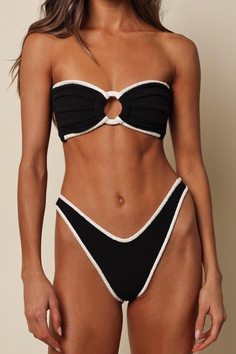 Black (Cream Binded) Terry Rib Thong Bikini Bottom