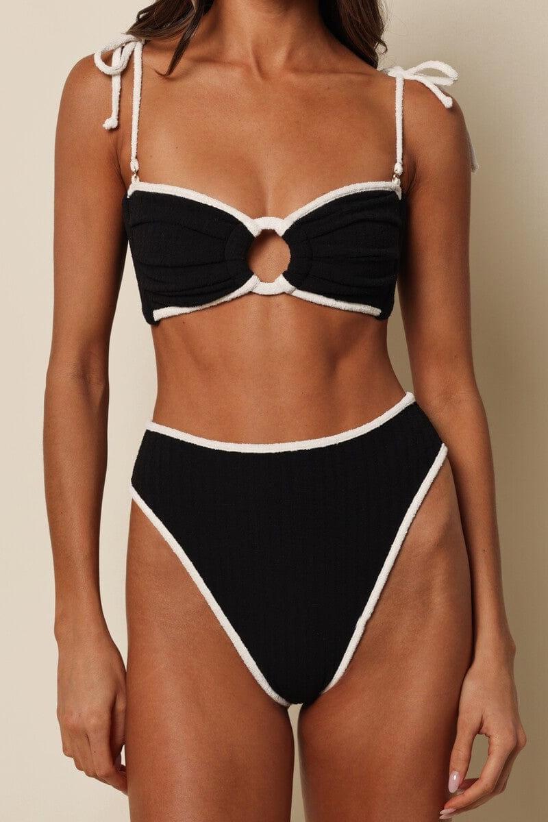 Black (Cream Binded) Terry Rib Tori Ties Bandeau Bikini Top