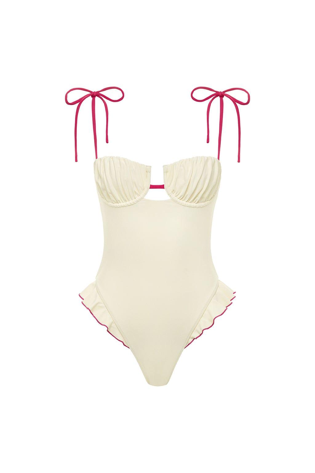 Cream Raspberry Binded Petal Ruffle One-Piece