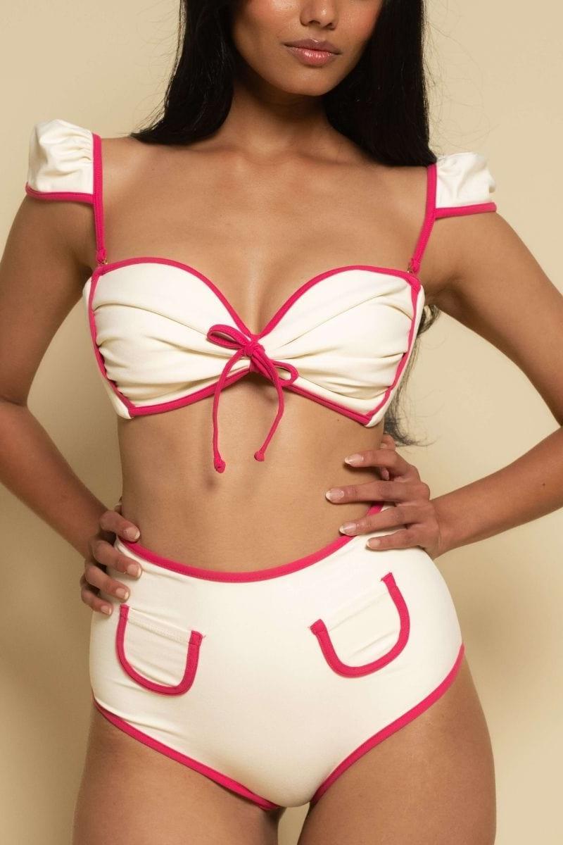 Cream Raspberry Binded Cabana Bows Bikini Top