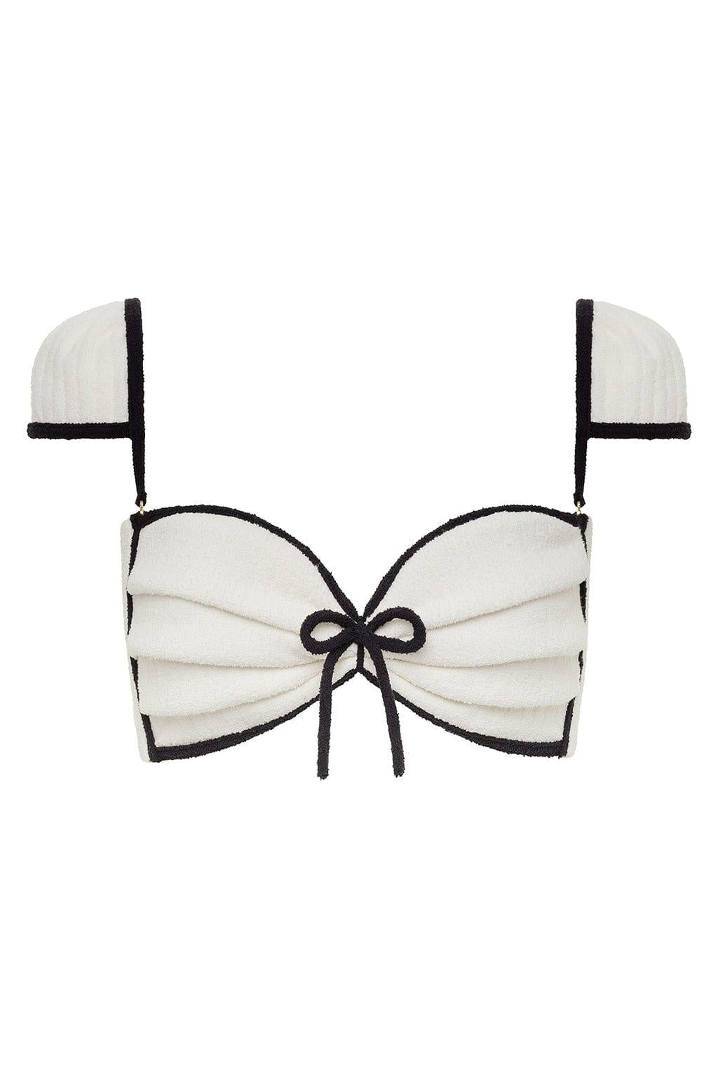 Cream (Black Binded) Terry Rib Cabana Bows Bikini Top