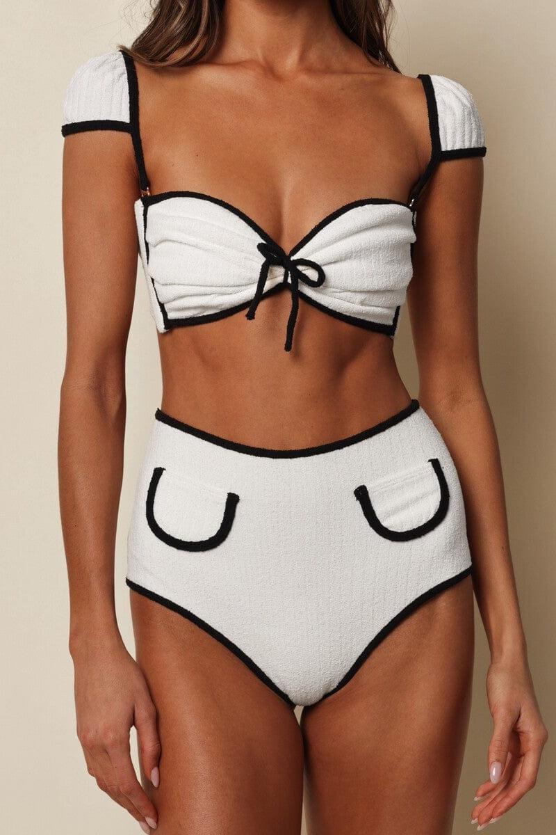 Cream (Black Binded) Terry Rib Cabana Bows Bikini Top