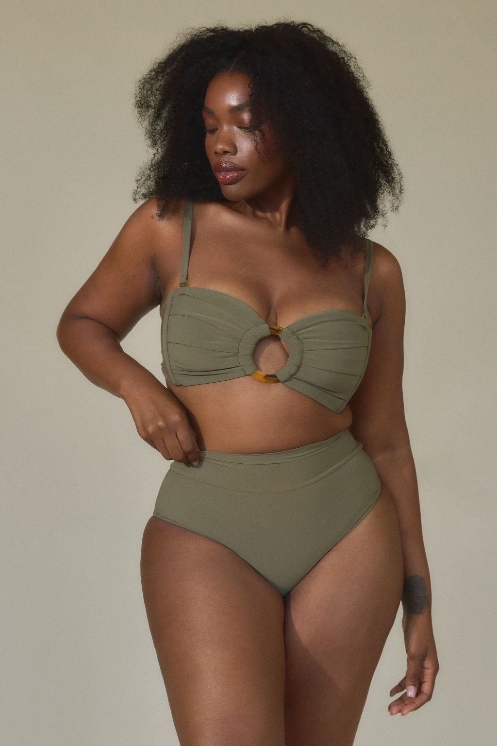 Khaki Added Coverage High Rise Bikini Bottom