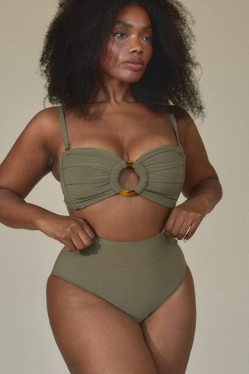 Khaki Added Coverage High Rise Bikini Bottom