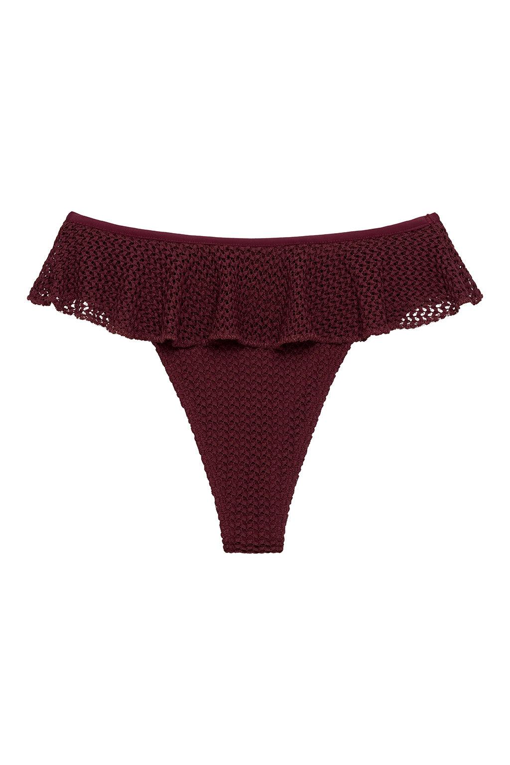 Maroon Crochet Tamarindo Ruffle Bikini Bottom