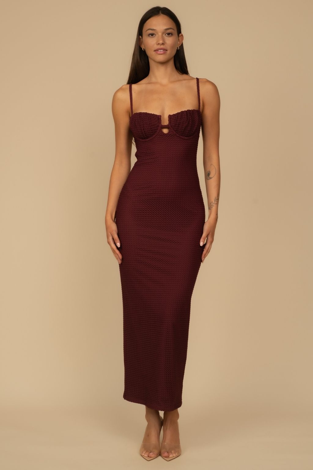 Maroon Crochet Petal Long Slip Dress
