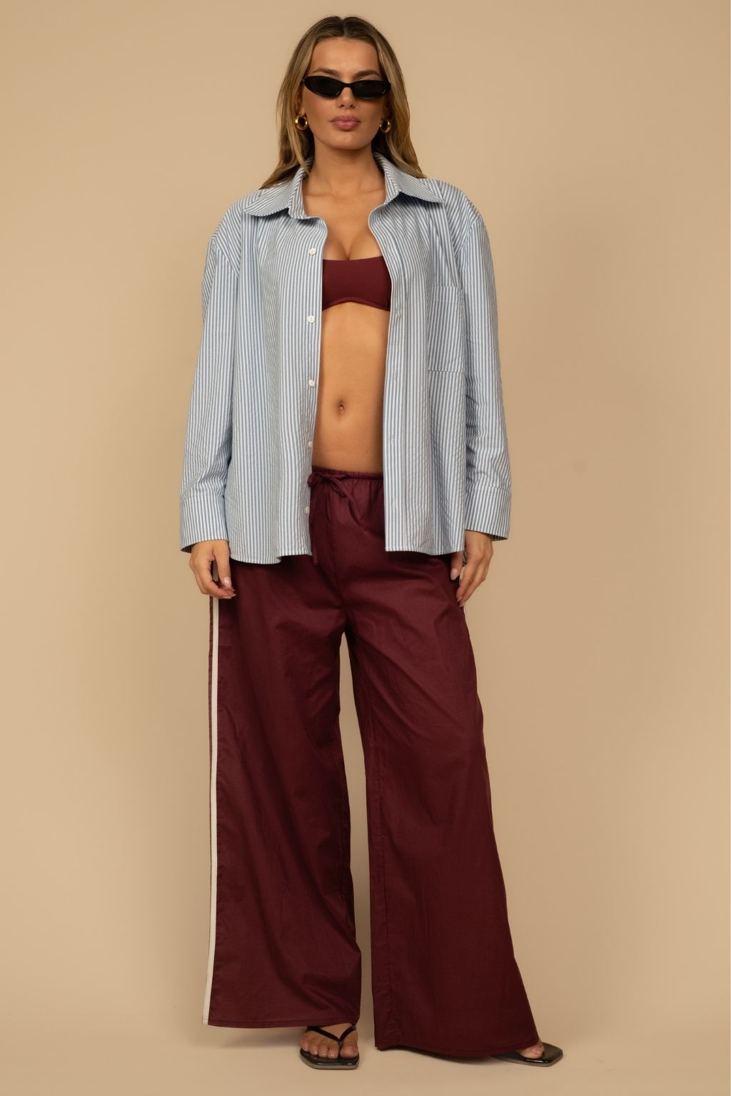 Maroon Sporty Drawstring Wide-Leg Pant