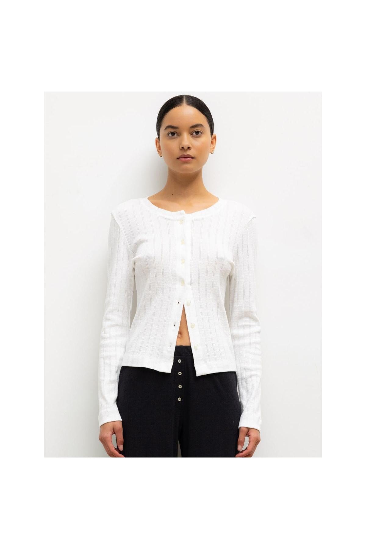 Pointelle Classic Crew Cardigan (White)